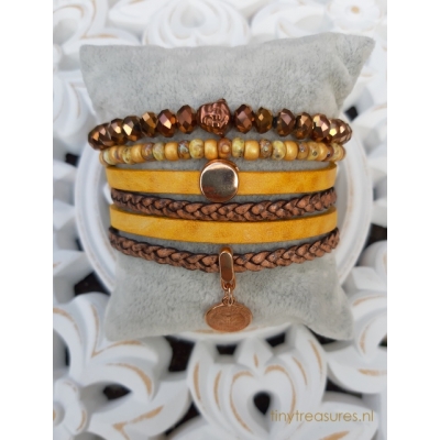 leren wikkelarmband in geel met rosé-goud leren wikkelarmband in geel met rosé-goud